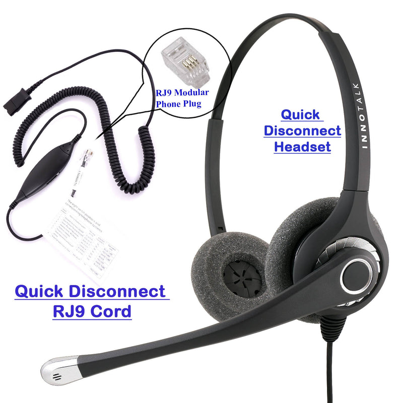 RJ9 Headset Universal - Sound Forced Professional Binaural Headset + Universal Compatible RJ9 cord with Plantronics compatible QD