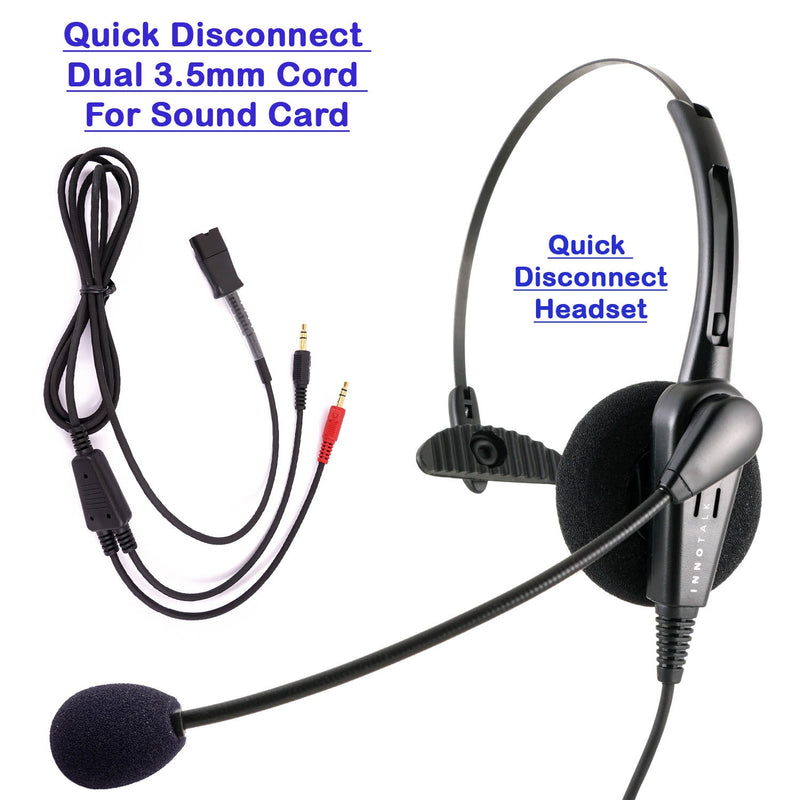 INNOTALK Economic Quick Disconnect Call Center Monaural Headset with Dual 3.5 mm Plugs for Sound Card of PC