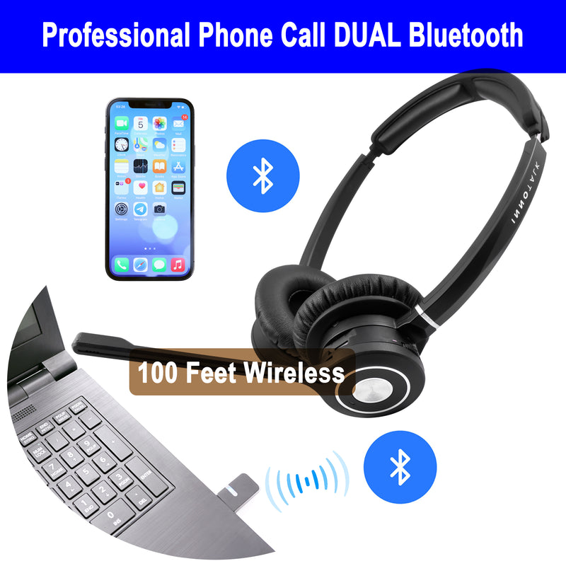 Stereo Wireless Bluetooth Headset as Professional Phone Call Headset Headphone with noise cancelling microphone includes USB Dongle for Computer Softphones, iPhone