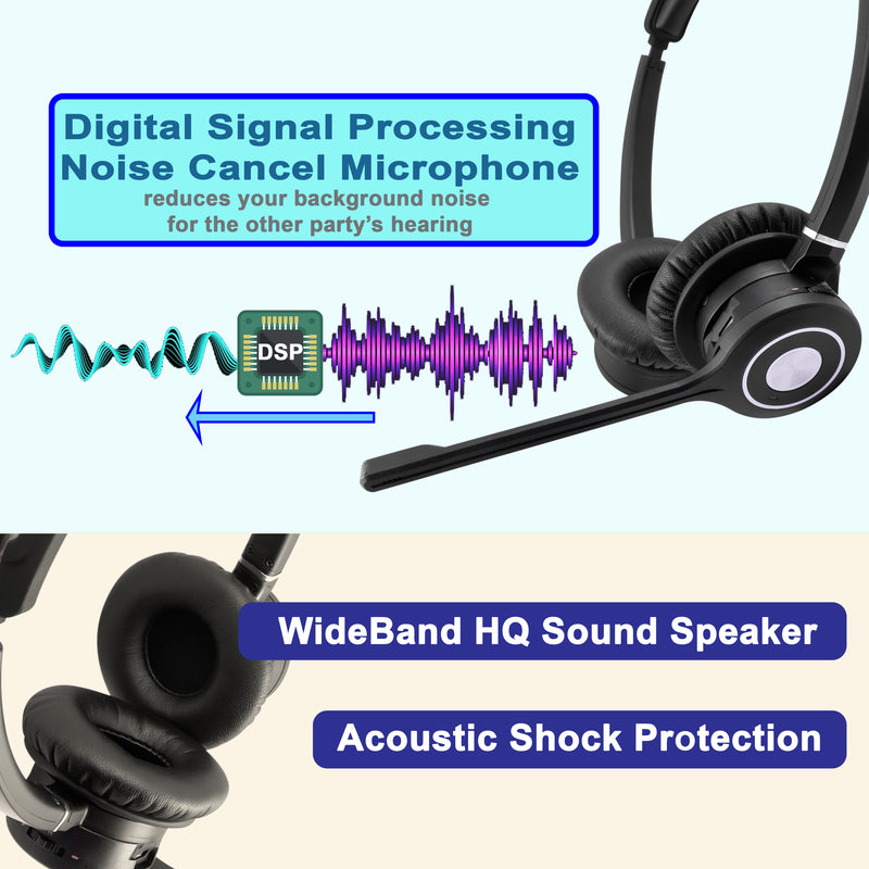 Stereo Wireless Bluetooth Headset as Professional Phone Call Headset Headphone with noise cancelling microphone includes USB Dongle for Computer Softphones, iPhone