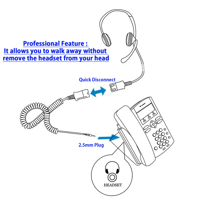 Replaceable Voice Tube Microphone Binaural Headset + 2.5 mm Headset Adapter with Jabra Compatible QD as Office Headset