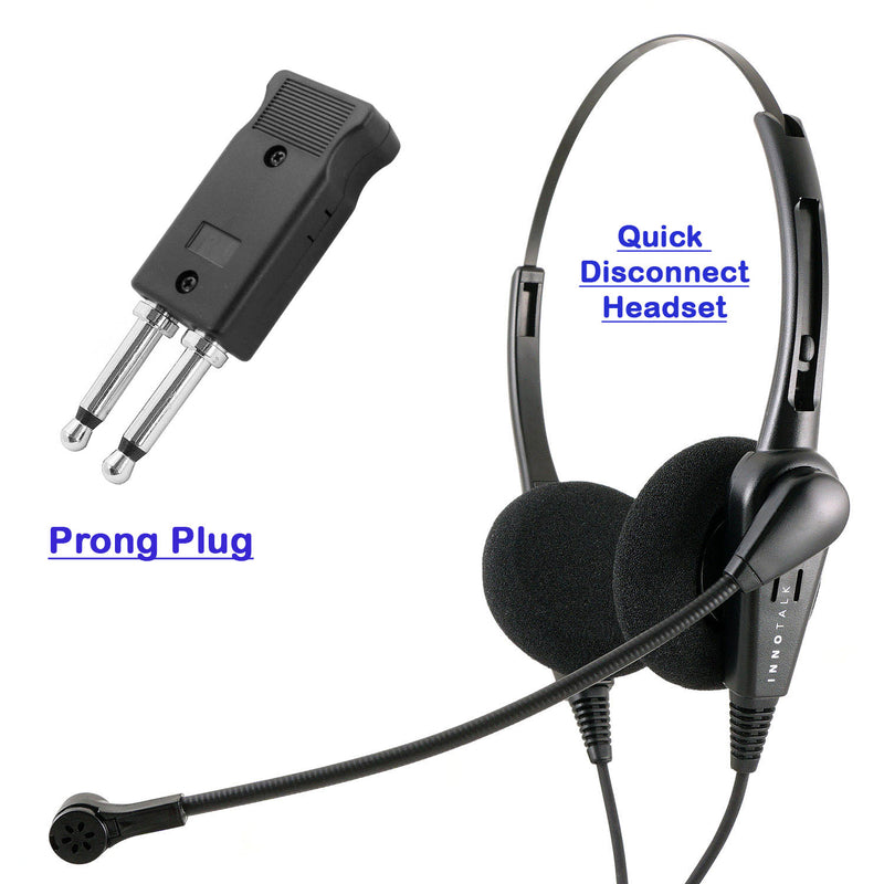 Prong Plug Phone Headset with Plantronics Compatible QD Package - Cost Effective Customer Service Binaural headset + Prong Adapter