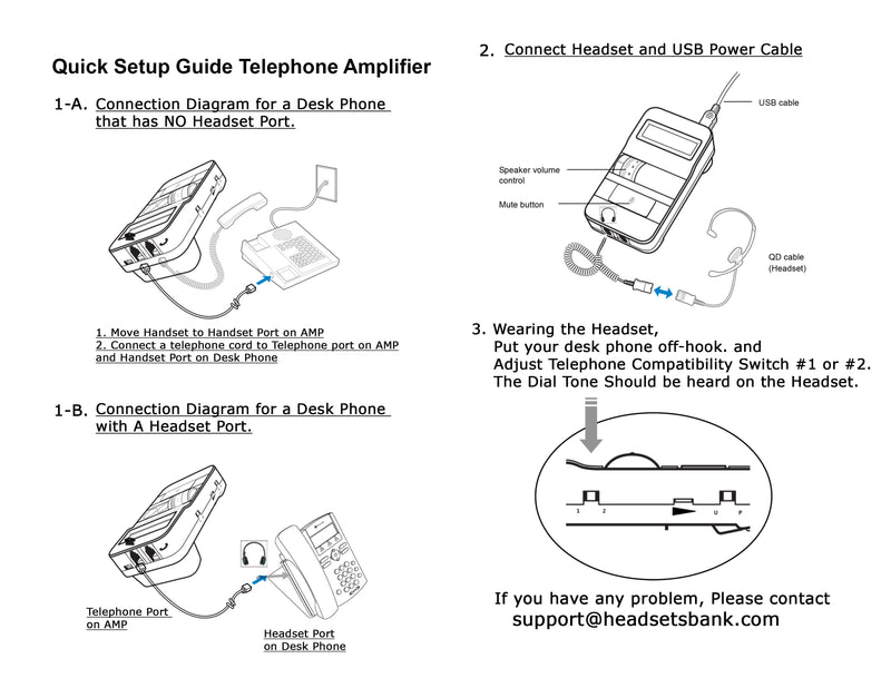 Headset System Crystal - Sound forced Phone Headset + Call Center Headset Amplifier with Jabra Compatible QD Cord