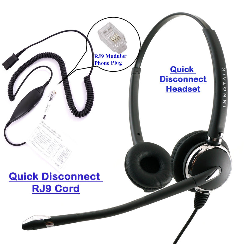 RJ9 Headset Universal - Best Binaural Noise Cancel Mic and Swiveling Receiver in Plantronics compatible QD + Universal RJ9 cord