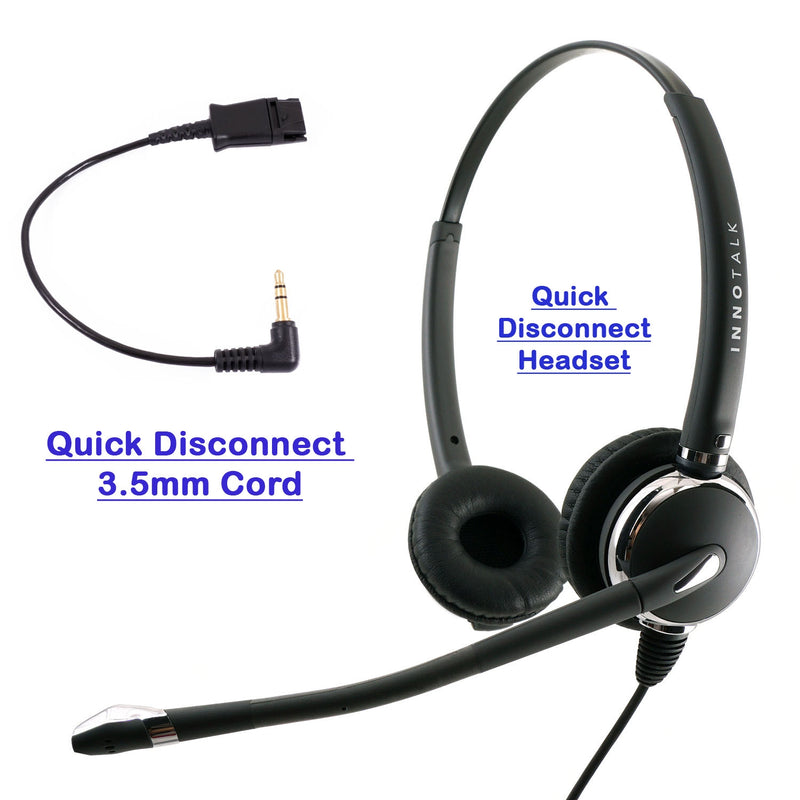 INNOTALK Deluxe Binaural Headset with Short 3.5 mm Headset Adapter Cable - Plantronics Compatible quick disconnect