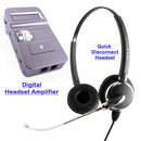 Headset Amplifier with Plantronics Compatible QD Voice Tube Pro Binaural Headset at Call Center for Most Desk Phone